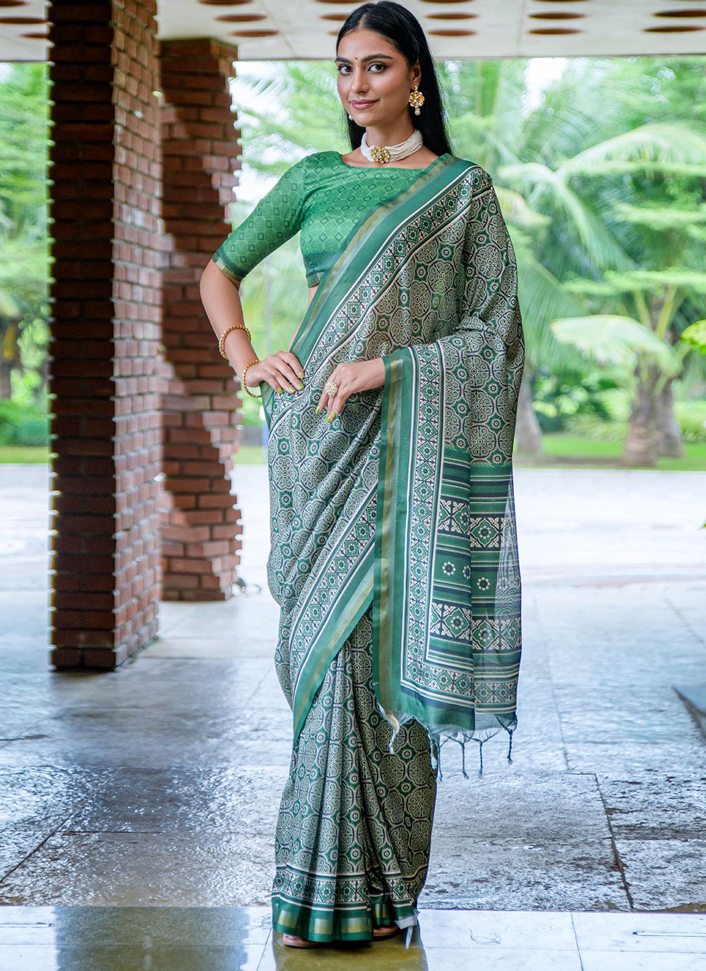 Classic Cotton Silk Sea Green Print Saree