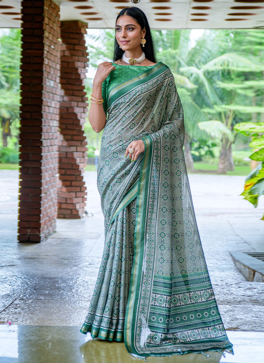 Classic Cotton Silk Sea Green Print Saree