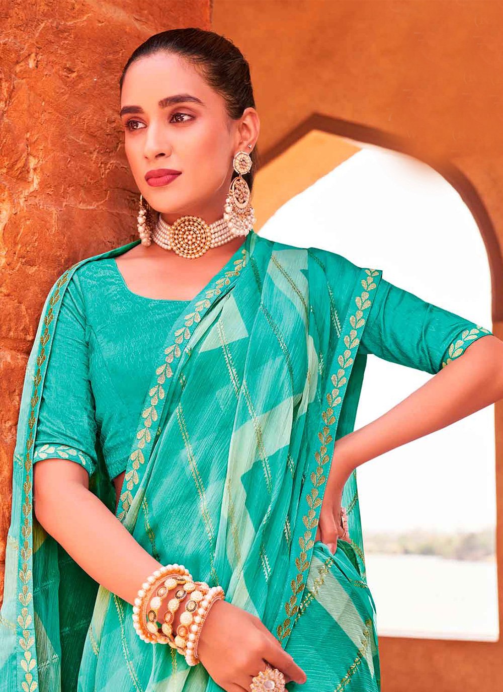 Trendy Saree Chiffon Sea Green Fancy Work Saree