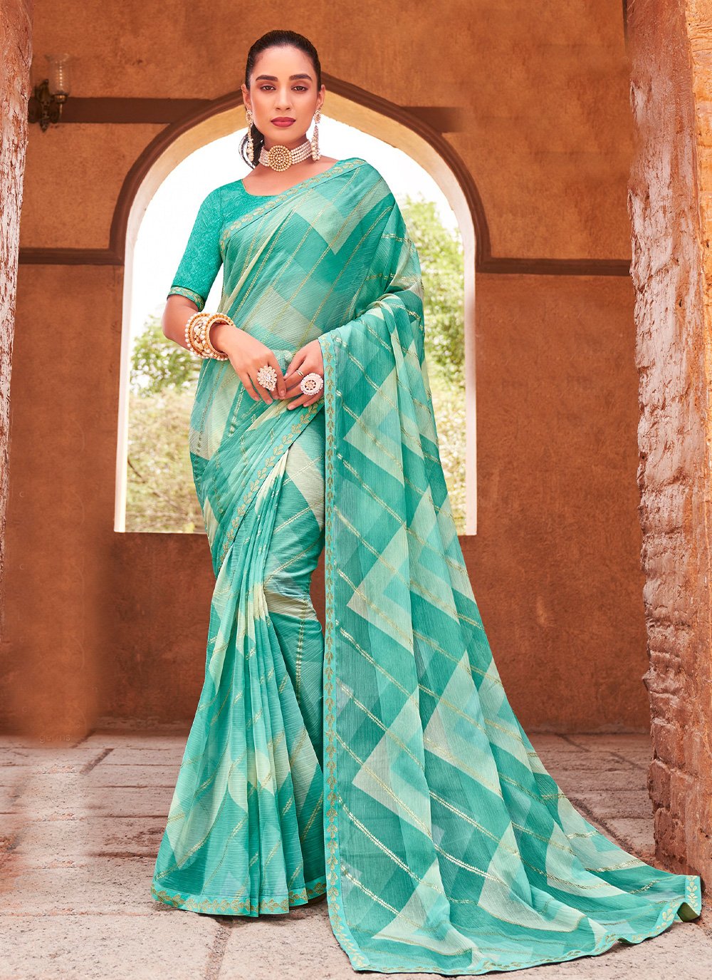 Trendy Saree Chiffon Sea Green Fancy Work Saree