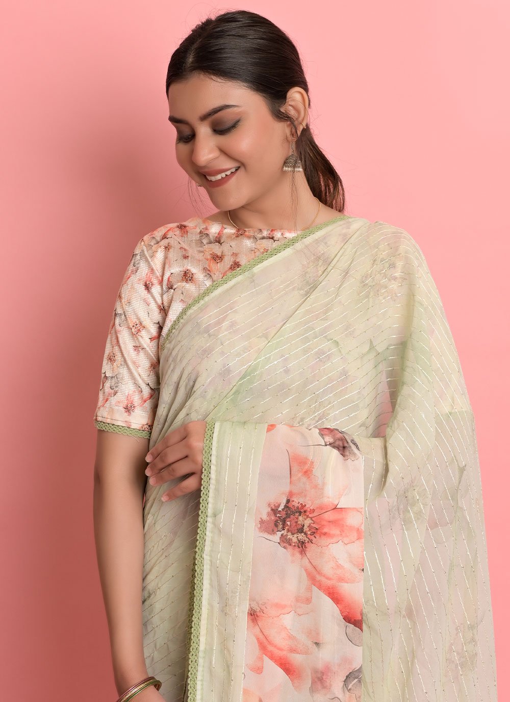 Classic Weight Less Sea Green Digital Print Saree