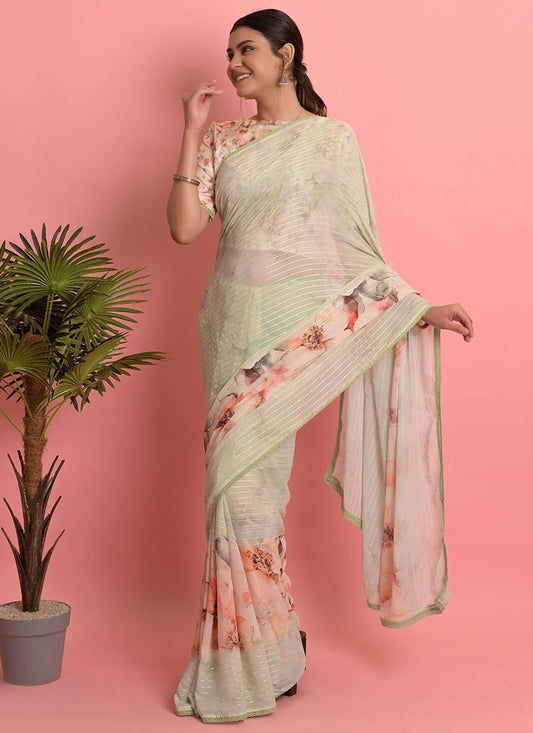 Classic Weight Less Sea Green Digital Print Saree