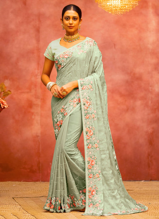 Classic Organza Silk Sea Green Diamond Saree