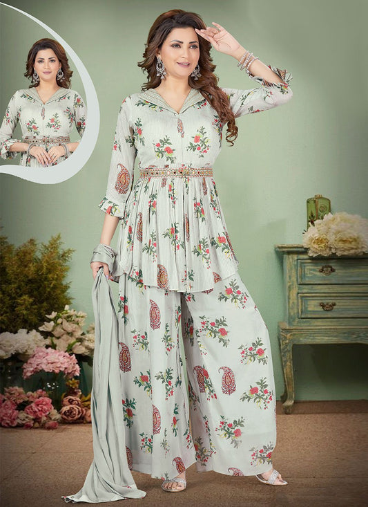 Salwar Suit Chinon Sea Green Floral Patch Salwar Kameez