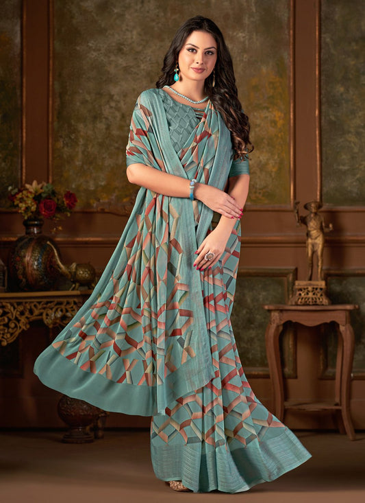 Designer Georgette Sea Green Print Saree