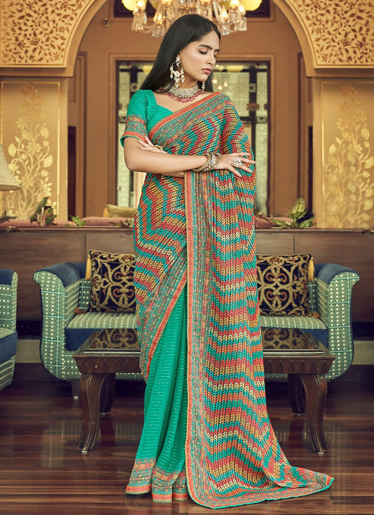 Contemporary Georgette Sea Green Sequins Saree