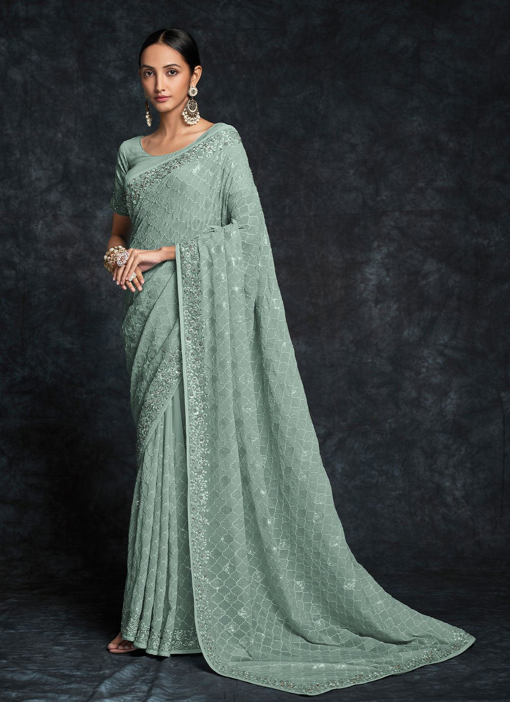 Classic Georgette Sea Green Embroidered Saree