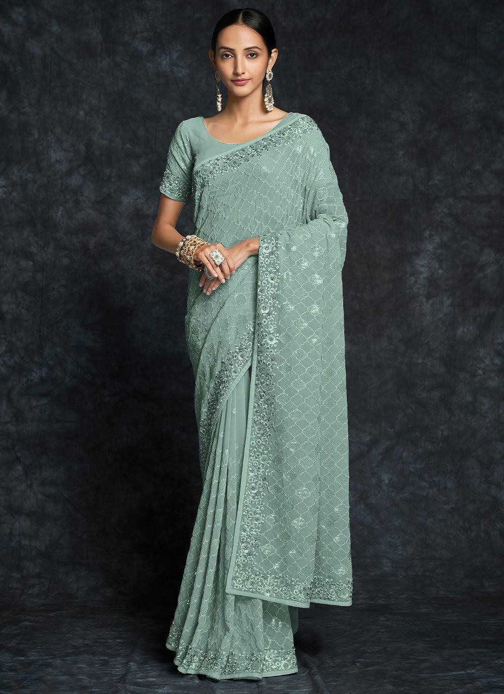 Classic Georgette Sea Green Embroidered Saree