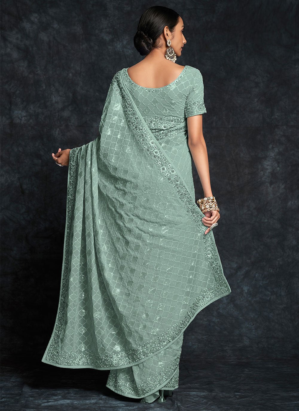 Classic Georgette Sea Green Embroidered Saree