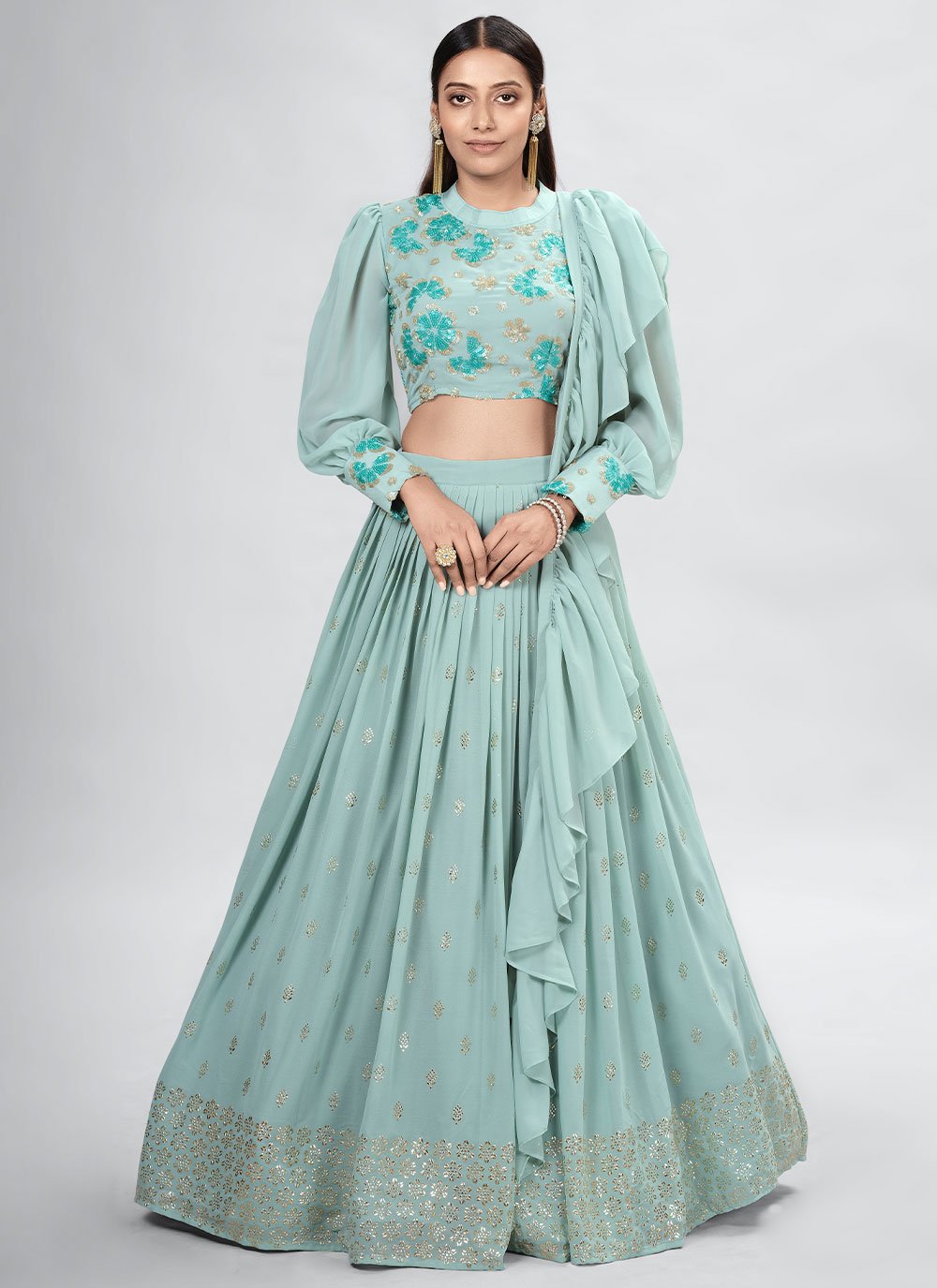 Readymade Lehenga Choli Georgette Sea Green Mukesh Work Lehenga Choli