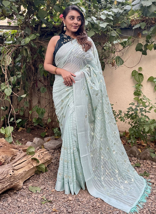 Trendy Saree Georgette Sea Green Embroidered Saree