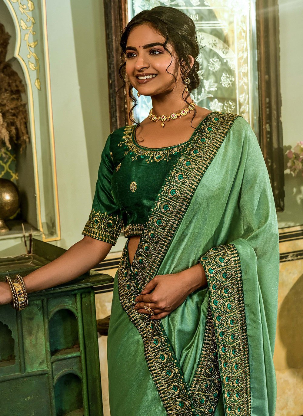 Classic Vichitra Silk Sea Green Embroidered Saree