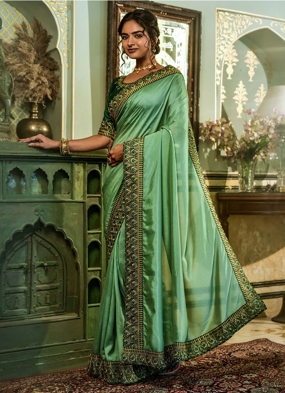 Classic Vichitra Silk Sea Green Embroidered Saree