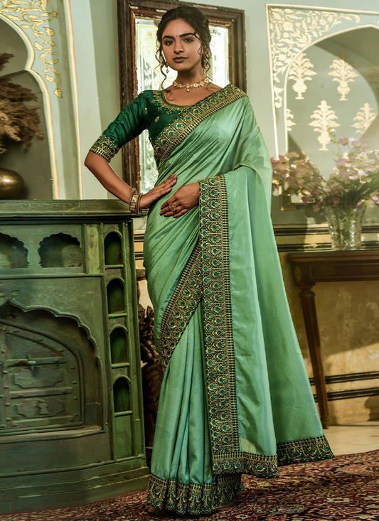 Classic Vichitra Silk Sea Green Embroidered Saree