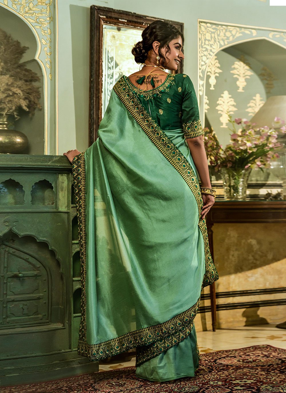 Classic Vichitra Silk Sea Green Embroidered Saree