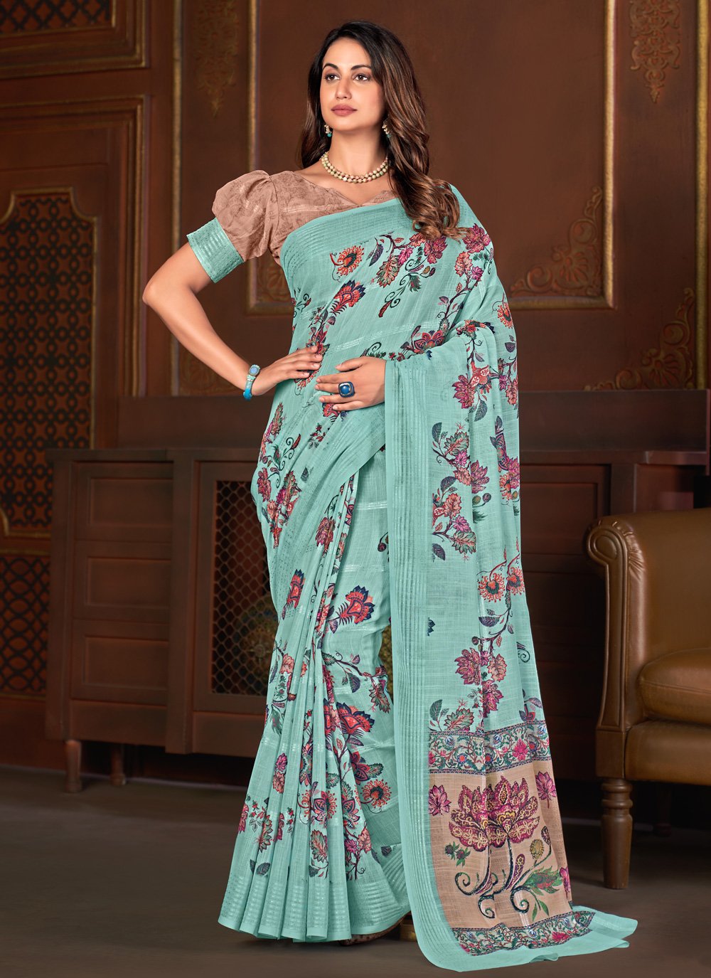 Designer Linen Sea Green Floral Patch Saree