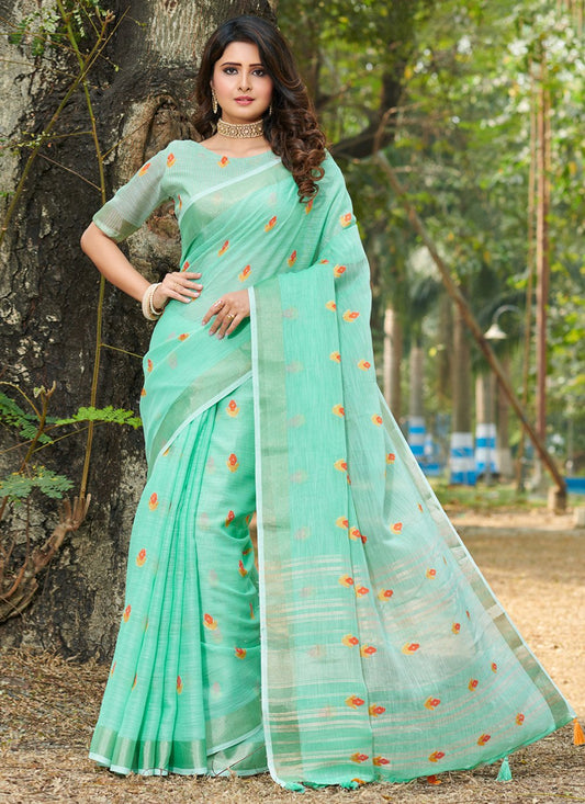 Casual Linen Sea Green Weaving Saree