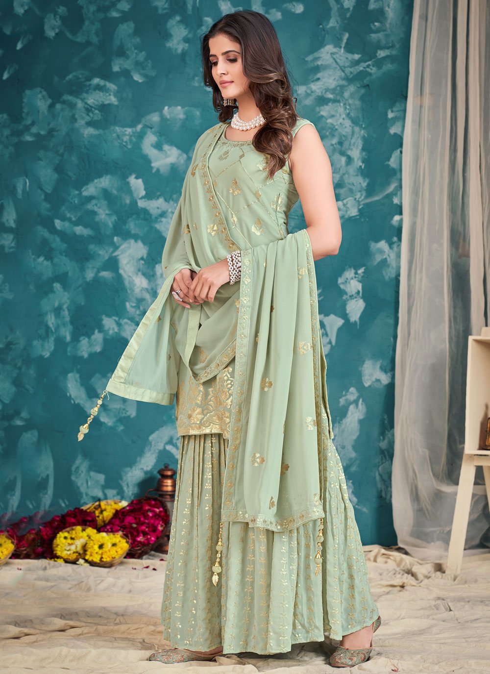 Salwar Suit Georgette Sea Green Sequins Salwar Kameez