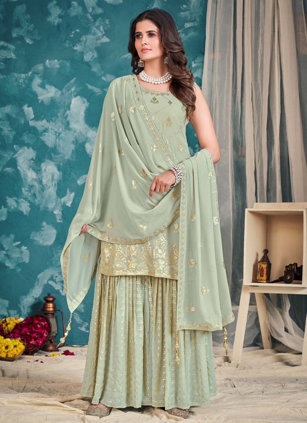 Salwar Suit Georgette Sea Green Sequins Salwar Kameez