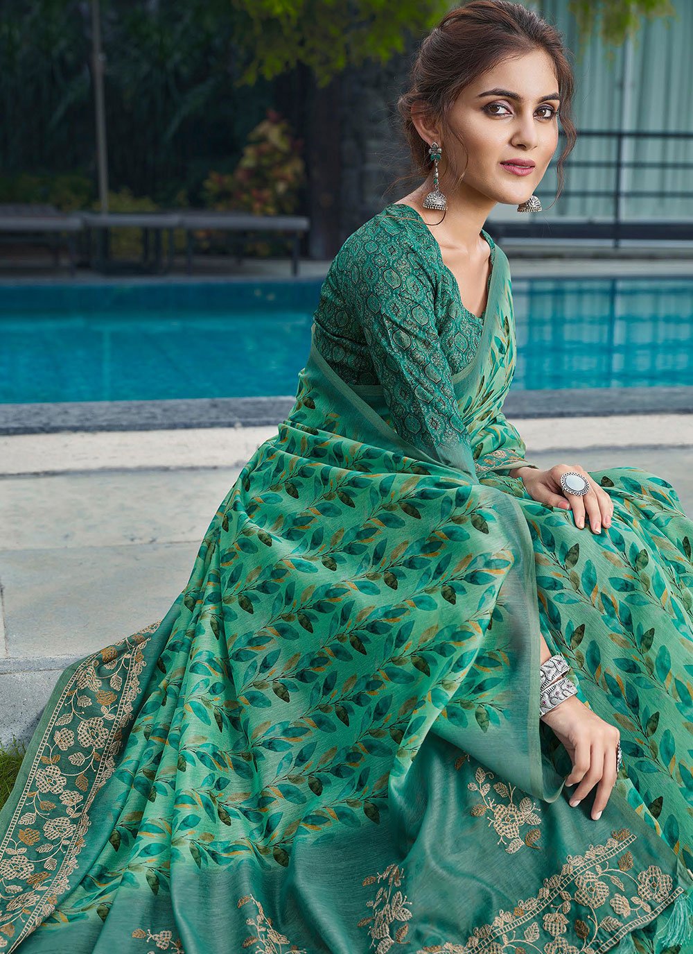 Classic Linen Sea Green Embroidered Saree