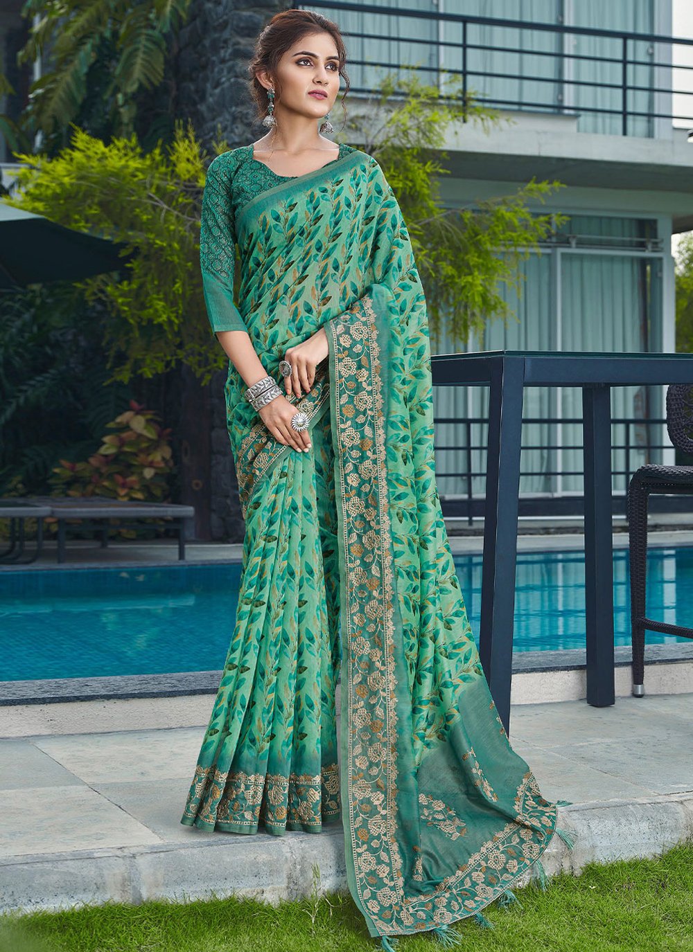 Classic Linen Sea Green Embroidered Saree