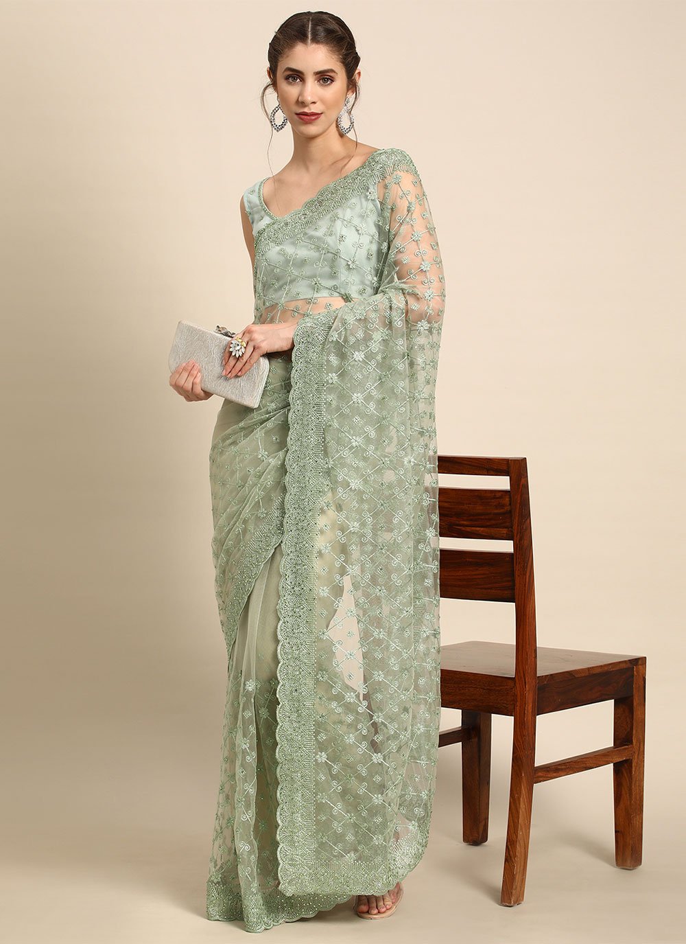 Contemporary Net Sea Green Embroidered Saree