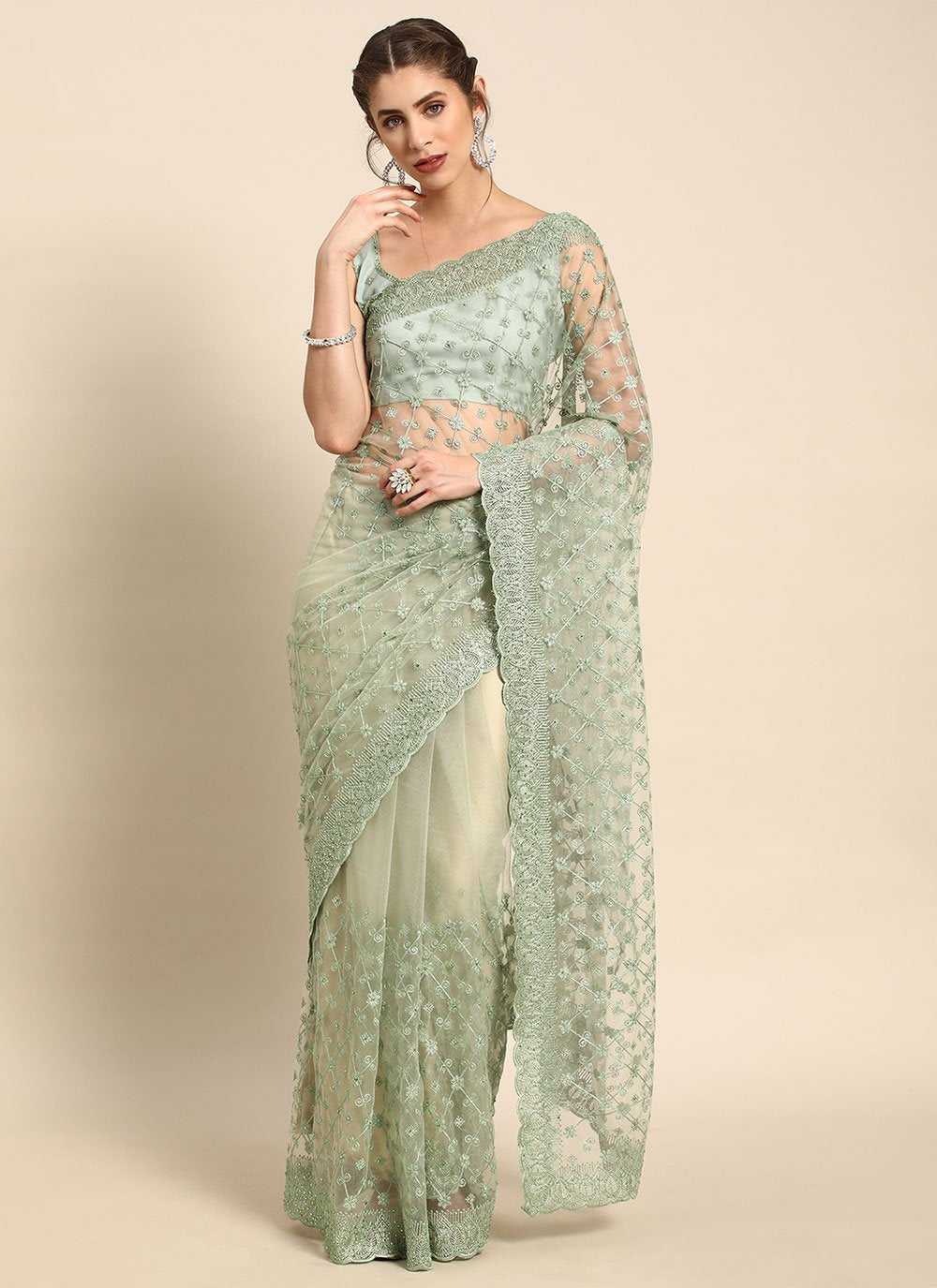 Contemporary Net Sea Green Embroidered Saree