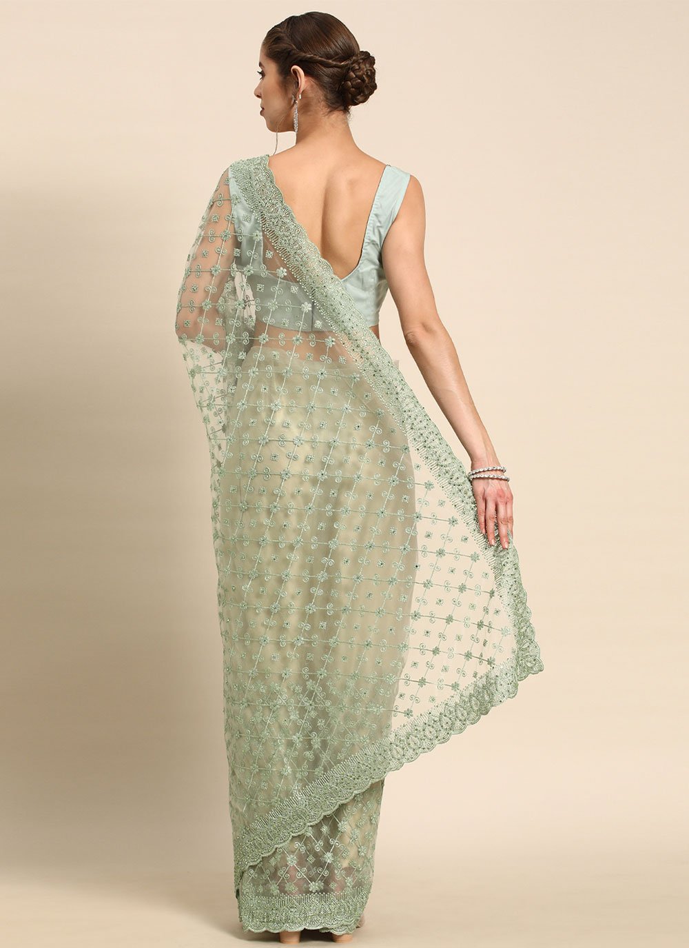 Contemporary Net Sea Green Embroidered Saree