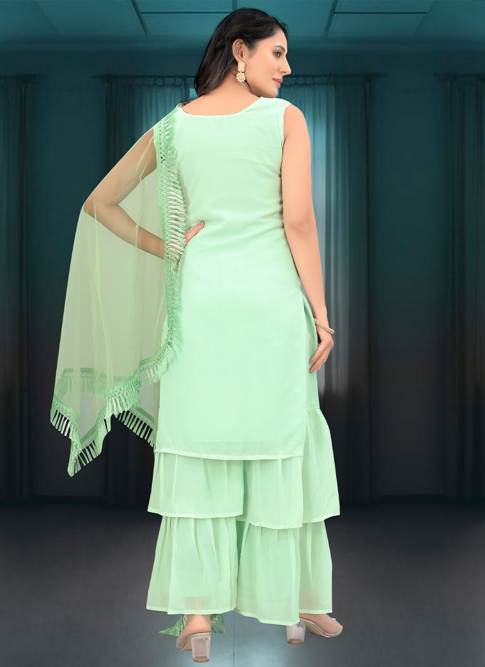 Salwar Suit Faux Georgette Sea Green Embroidered Salwar Kameez