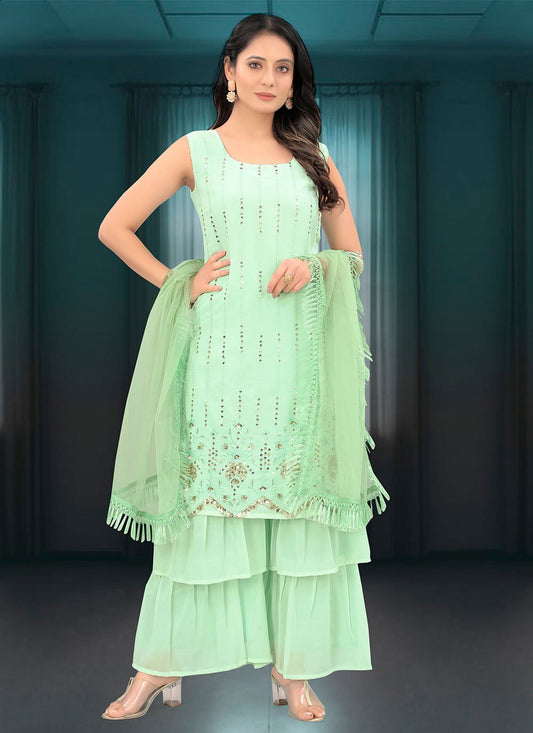 Salwar Suit Faux Georgette Sea Green Embroidered Salwar Kameez