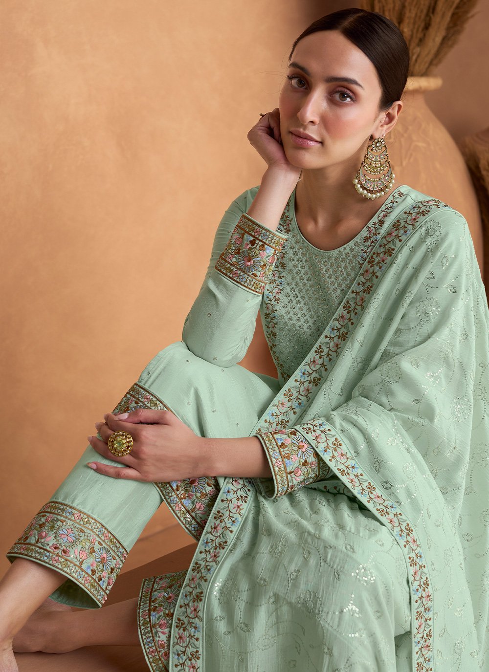 Salwar Suit Silk Sea Green Embroidered Salwar Kameez