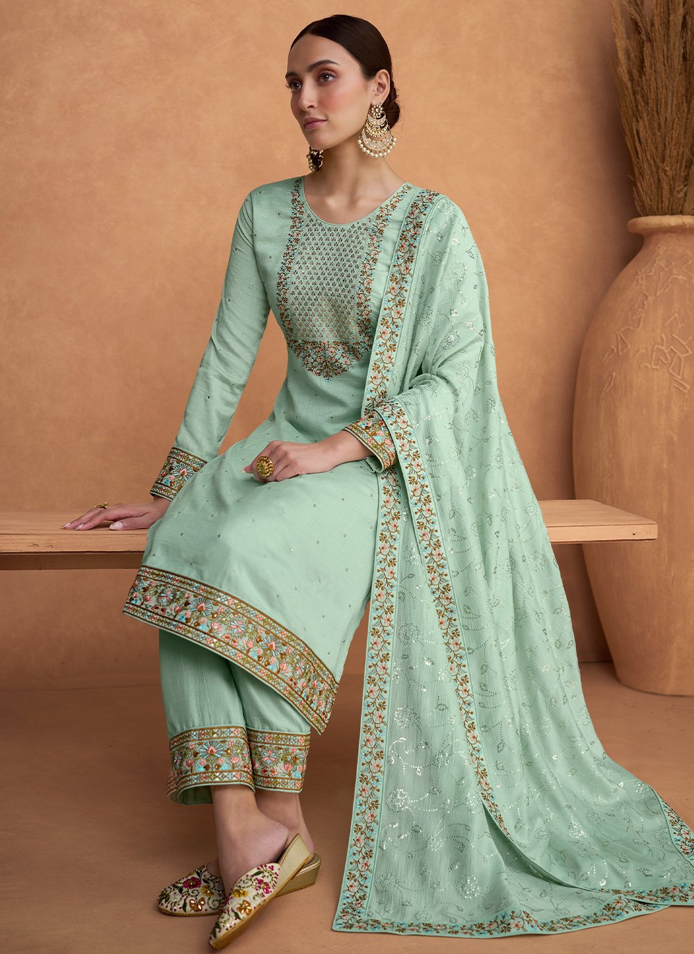 Salwar Suit Silk Sea Green Embroidered Salwar Kameez