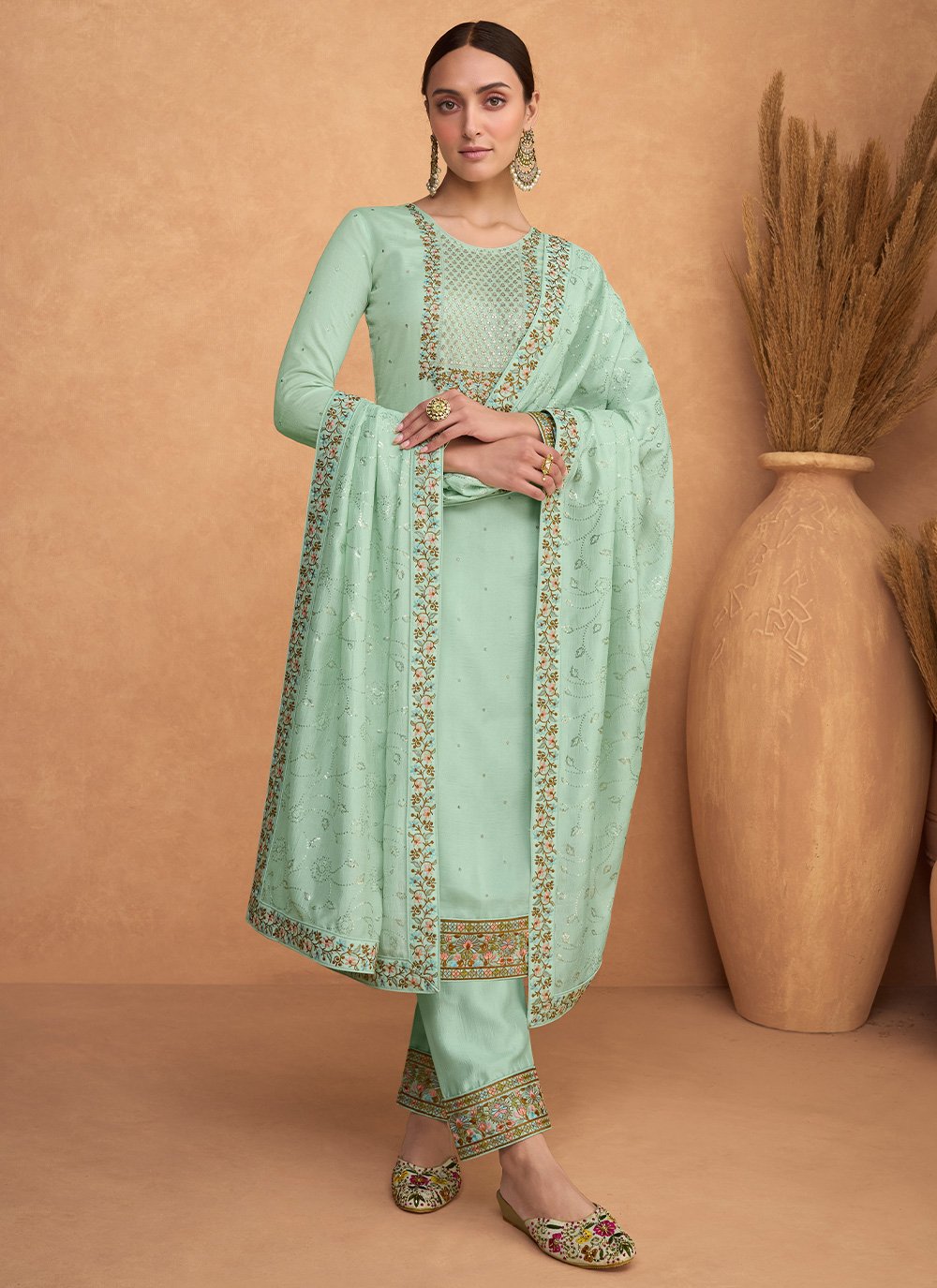 Salwar Suit Silk Sea Green Embroidered Salwar Kameez