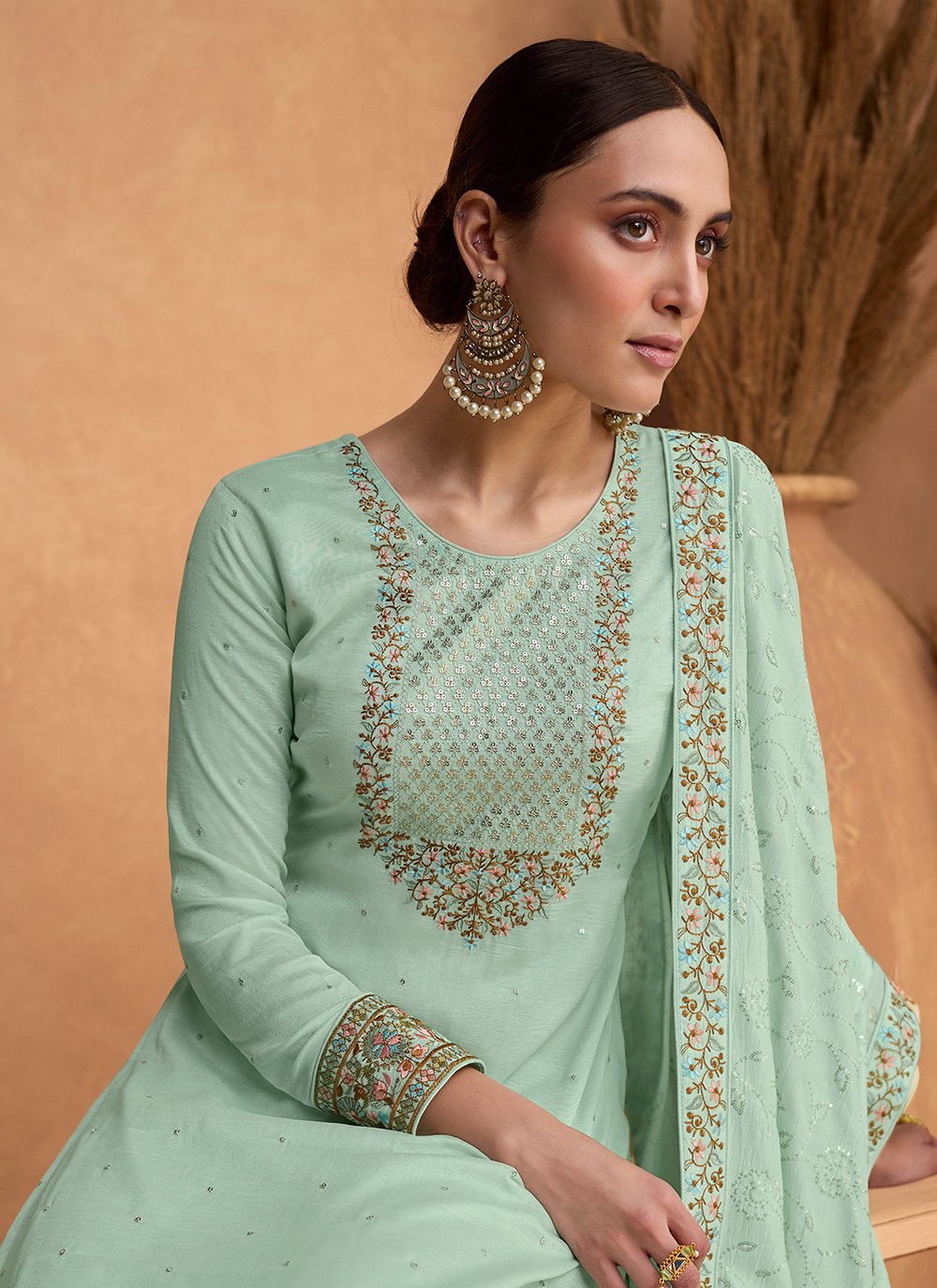 Salwar Suit Silk Sea Green Embroidered Salwar Kameez