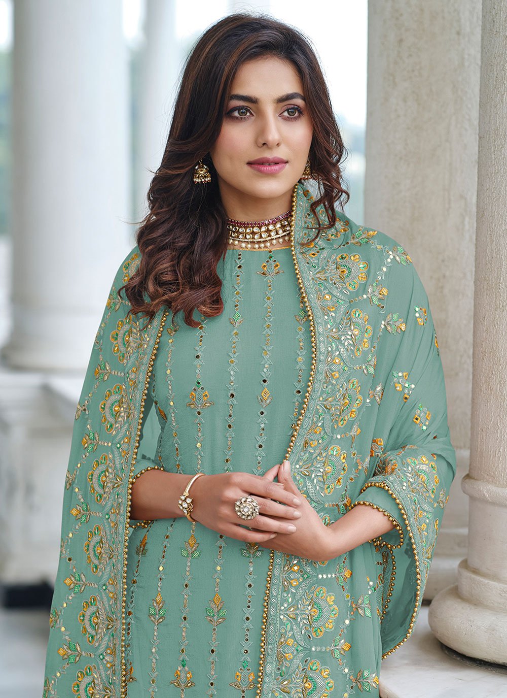 Straight Salwar Suit Faux Georgette Sea Green Embroidered Salwar Kameez