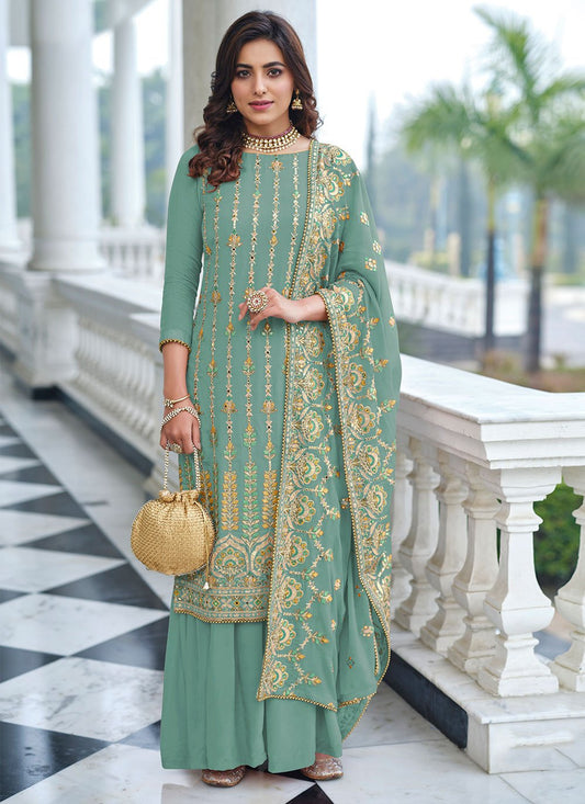 Straight Salwar Suit Faux Georgette Sea Green Embroidered Salwar Kameez