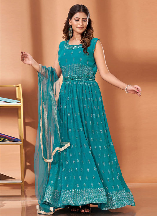 Designer Gown Georgette Sea Green Mirror Gown