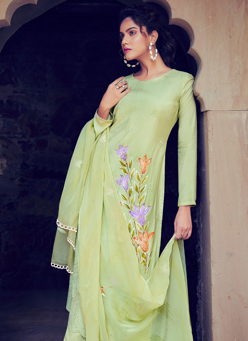 Salwar Suit Bembarg Muslin Sea Green Embroidered Salwar Kameez