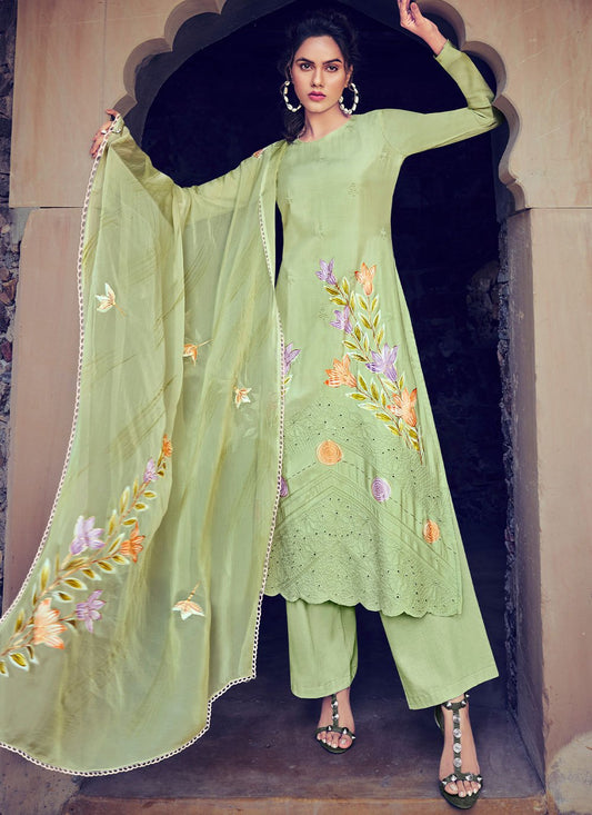Salwar Suit Bembarg Muslin Sea Green Embroidered Salwar Kameez