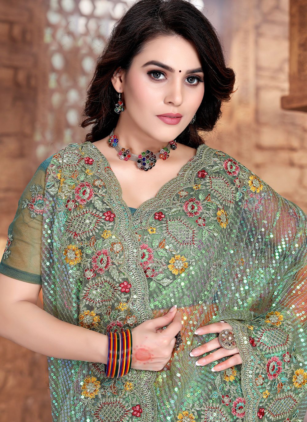 Contemporary Net Sea Green Embroidered Saree