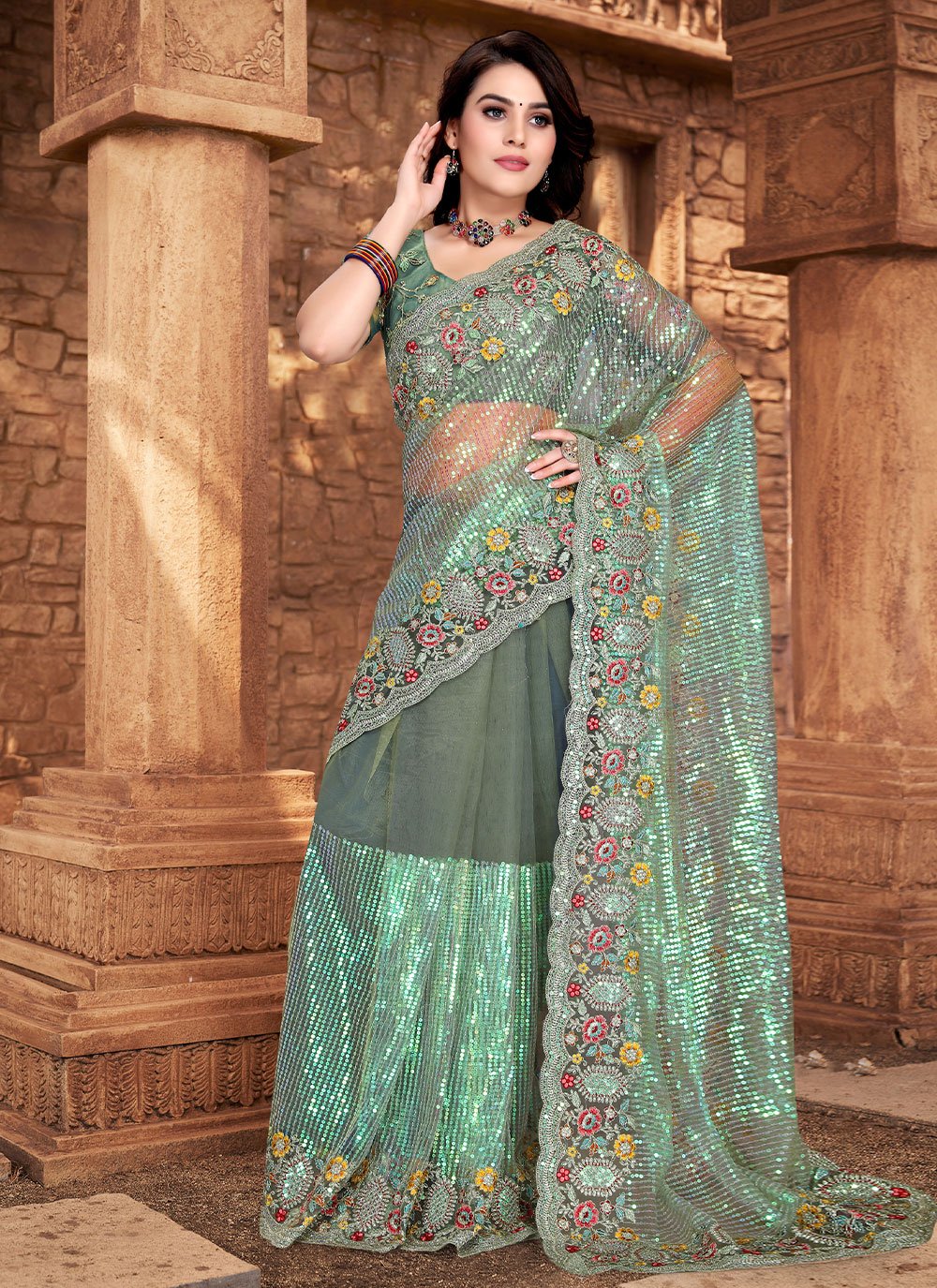 Contemporary Net Sea Green Embroidered Saree