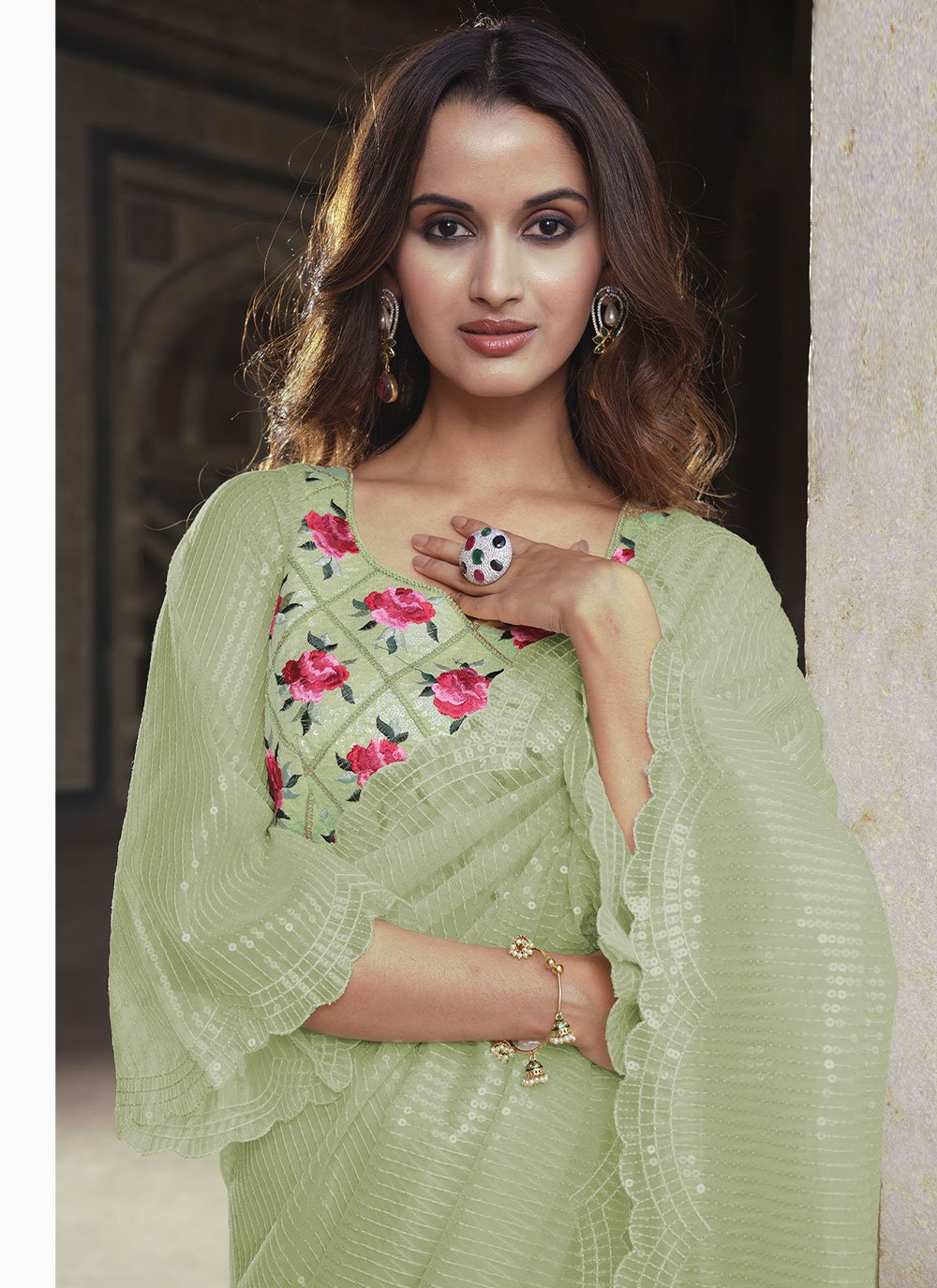 Contemporary Net Sea Green Embroidered Saree