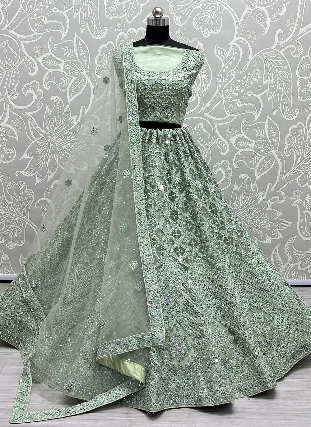 Lehenga Choli Net Sea Green Diamond Lehenga Choli