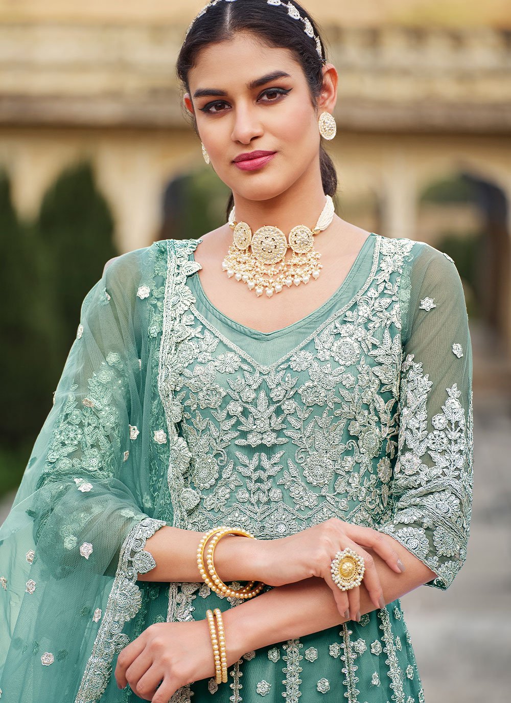 Anarkali Suit Net Sea Green Embroidered Salwar Kameez