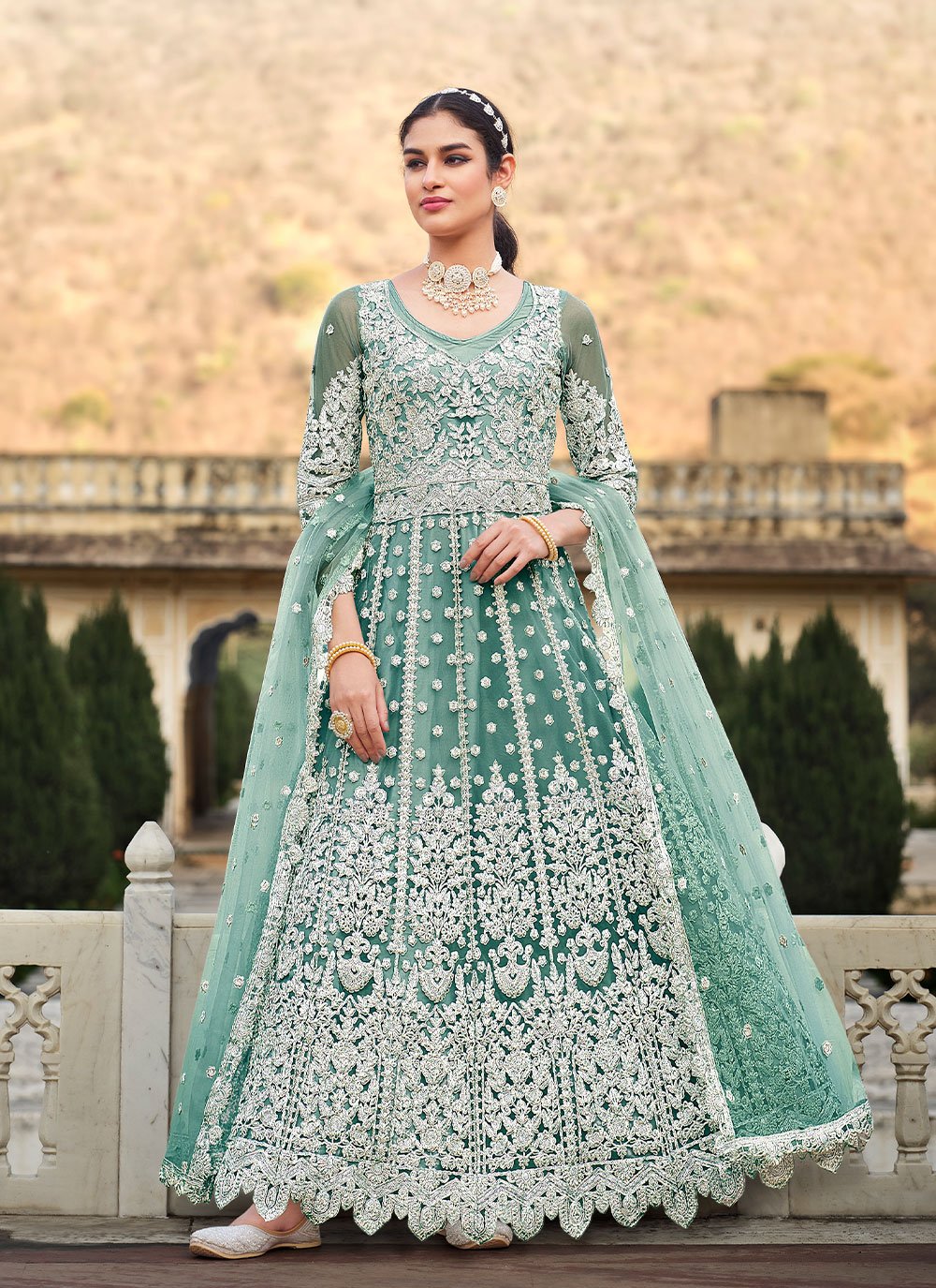 Anarkali Suit Net Sea Green Embroidered Salwar Kameez