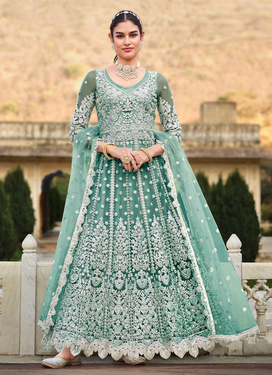 Anarkali Suit Net Sea Green Embroidered Salwar Kameez