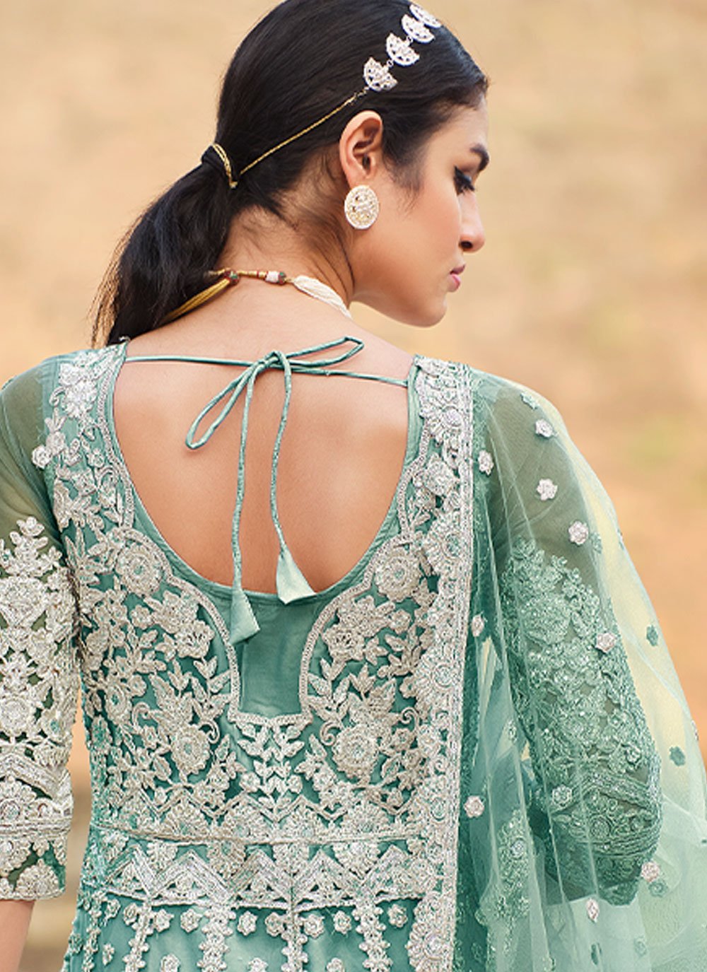 Anarkali Suit Net Sea Green Embroidered Salwar Kameez