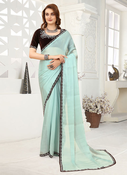 Designer Organza Sea Green Lace Saree