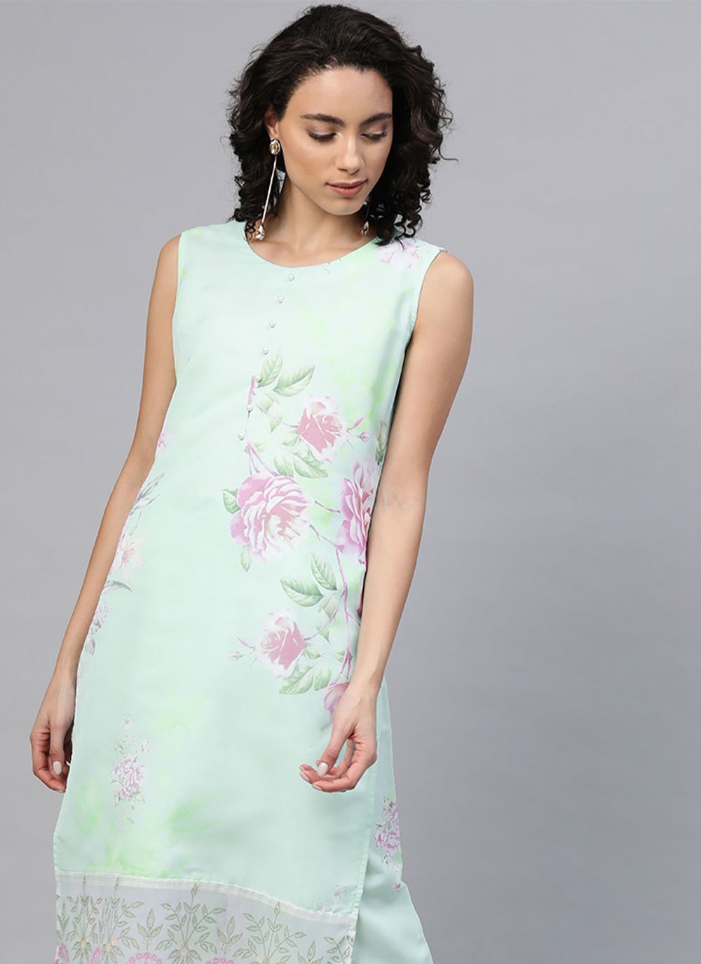 Party Wear Kurti Organza Sea Green Digital Print Kurtis