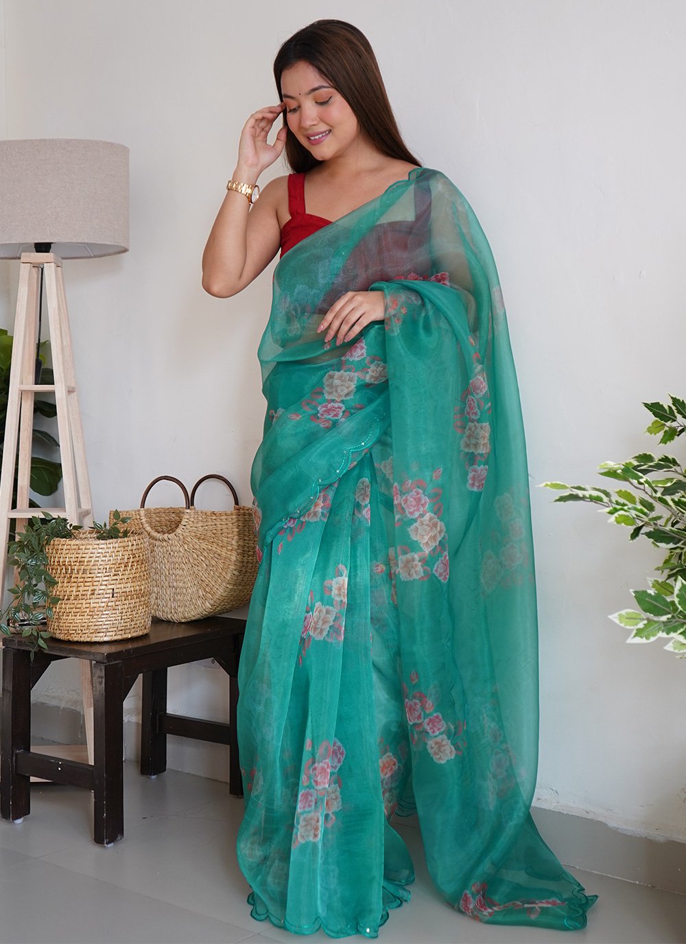 Contemporary Organza Sea Green Digital Print Saree